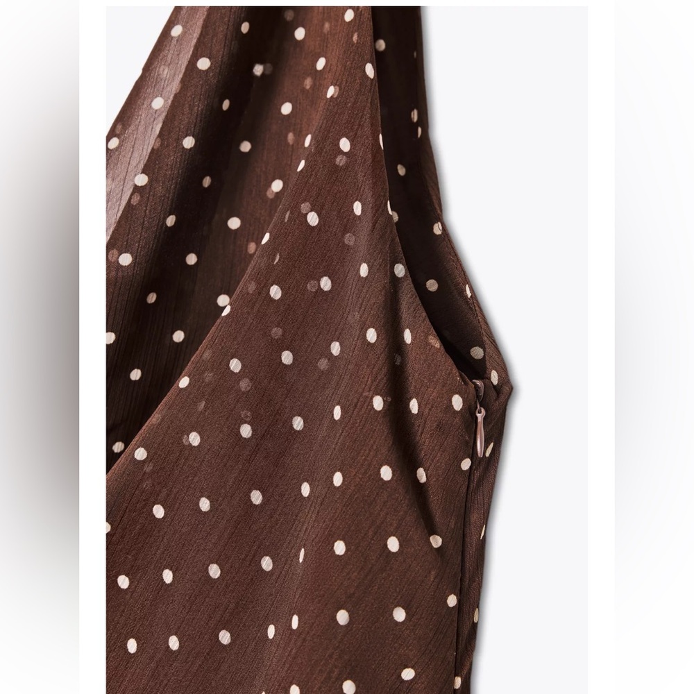 Zara NWT brown polka dot asymmetrical cowl draped detail midi maxi dress - Picture 8 of 9